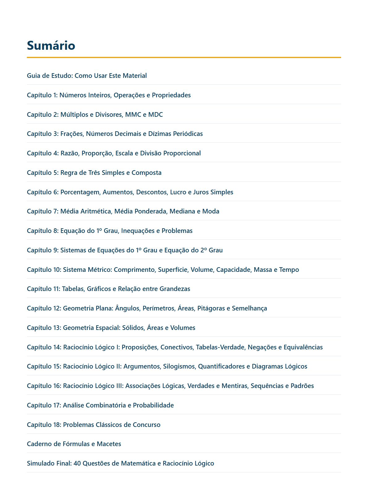 Sumário completo: 18 capítulos, o Caderno de Fórmulas e o Simulado Final, em ordem.