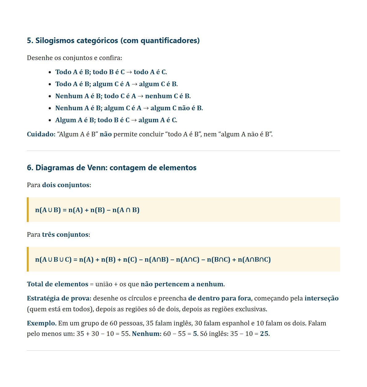 Quantificadores e Venn: Silogismos, diagramas de conjuntos e a estratégia de prova para contar elementos.