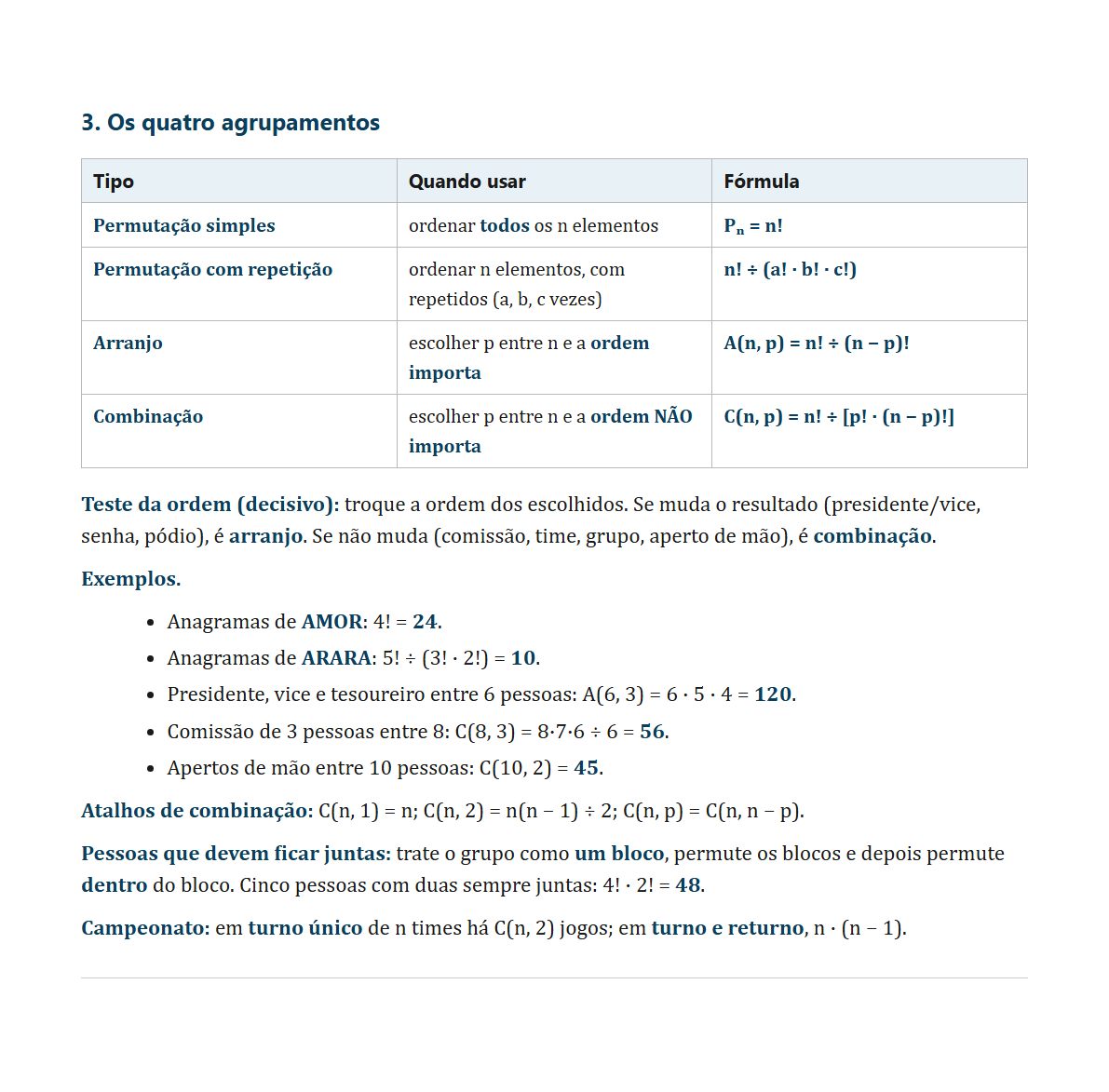 Análise combinatória: Permutação, arranjo e combinação lado a lado, com o teste para saber qual usar.