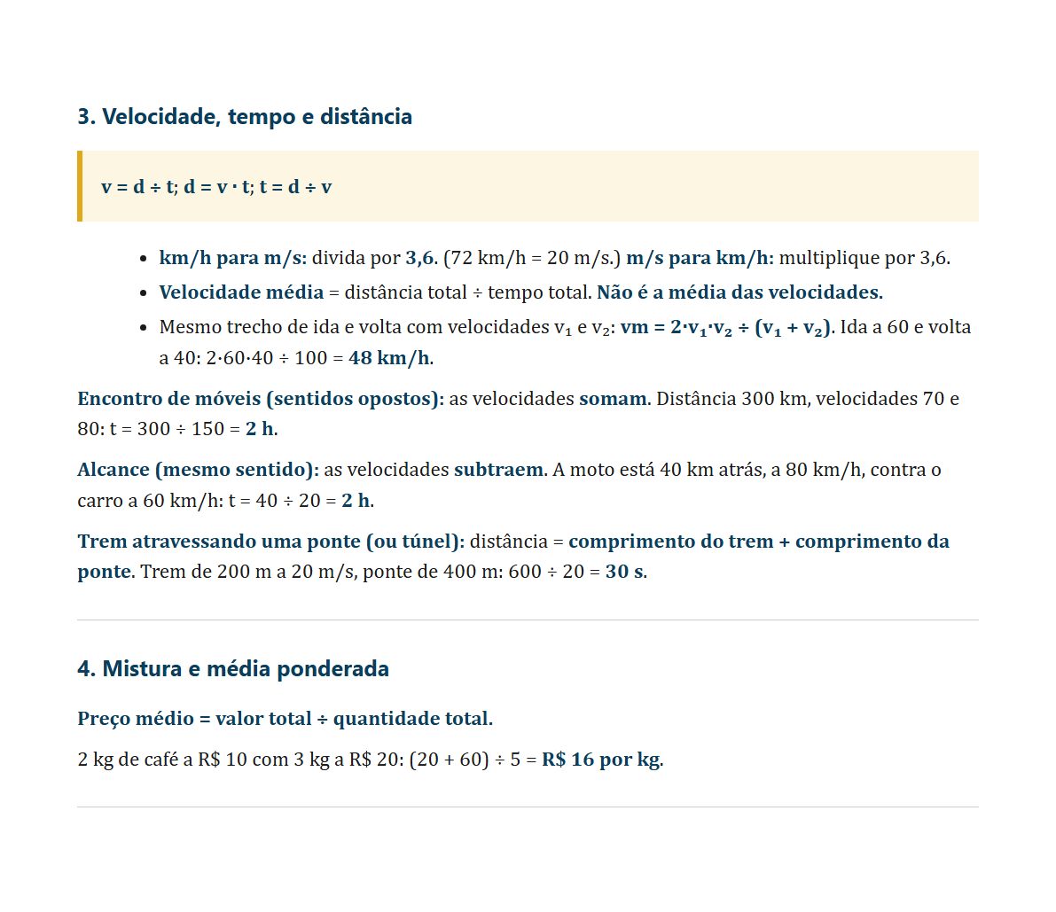 Problemas clássicos: Velocidade média, encontro de móveis e trem atravessando a ponte, com a receita de cada um.